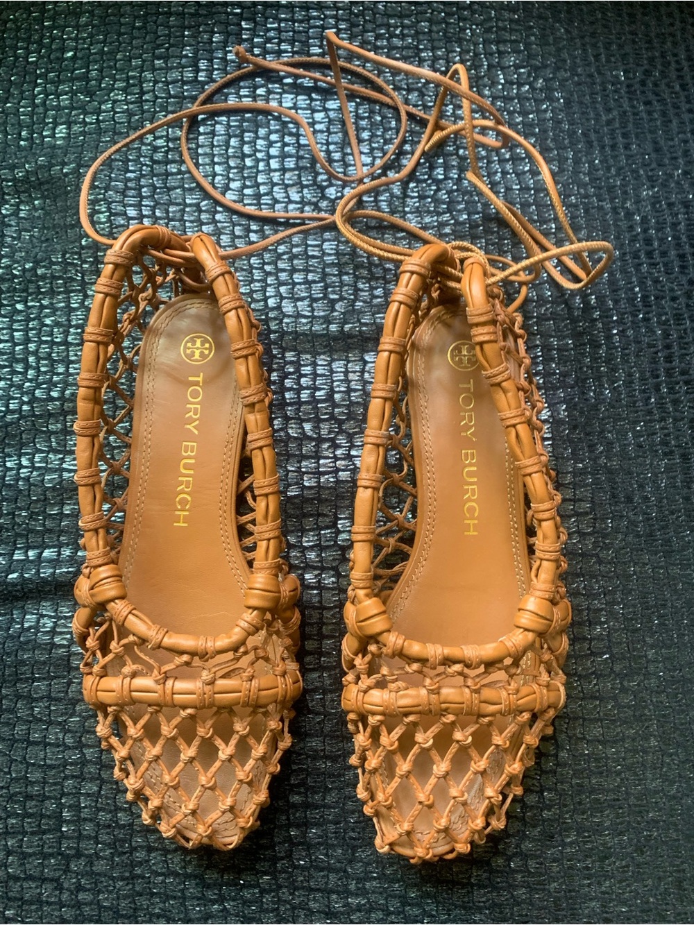 Tory Burch Helena Mesh Woven Lace-Up Flats